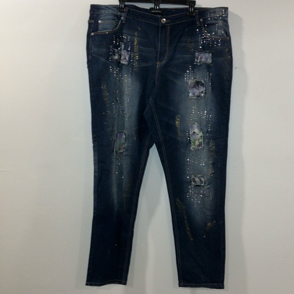Ashley Stewart Studded Gold Glitter and Sequin Detail Plus Size Skinny Jeans NWT - Picture 1 of 6